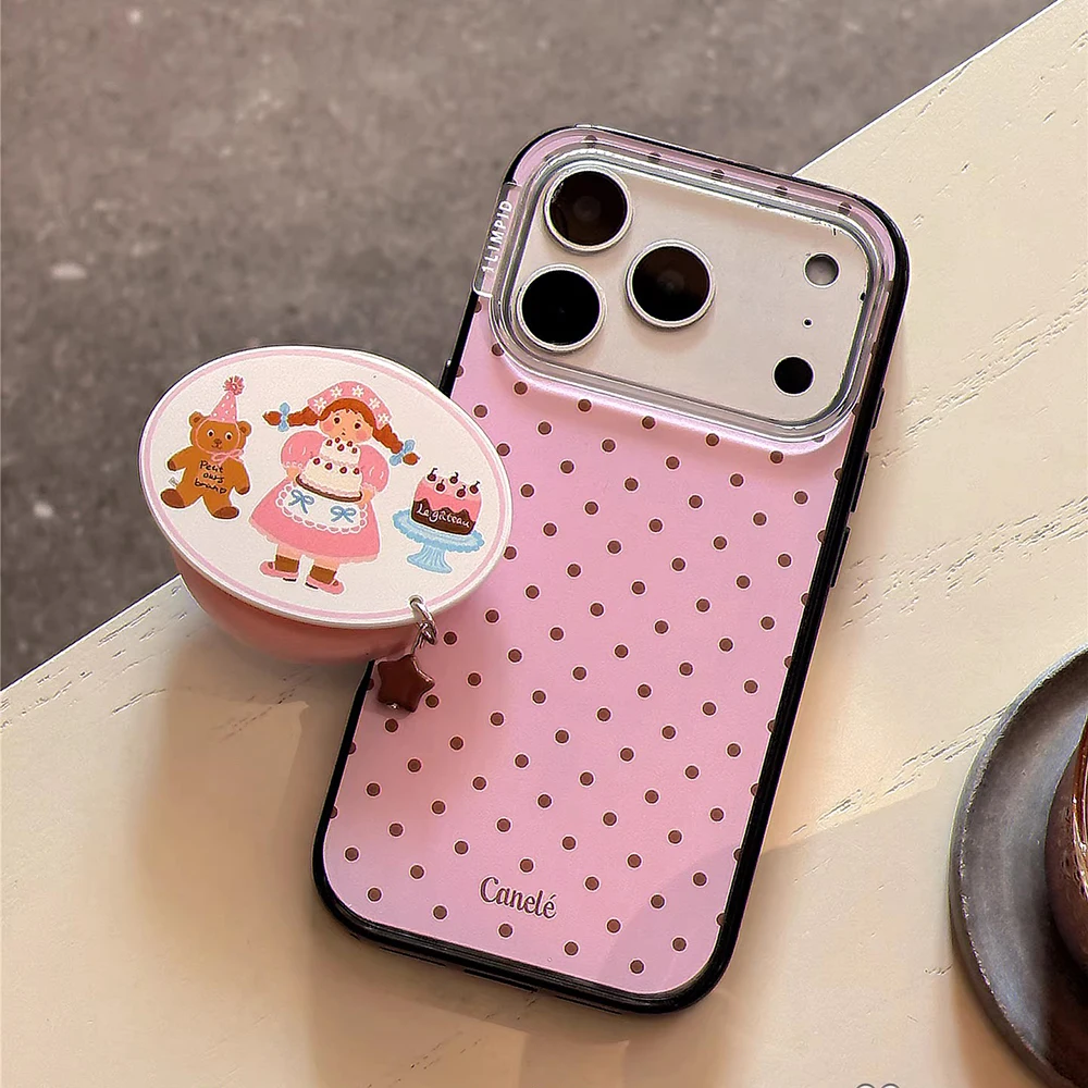 

Cute Girl Pink Polka Dot Magnetic Grip Tok Phone Case for IPhone 17 16 15 14 Pro Max Wireless Charge for Magsafe Lovely Cover