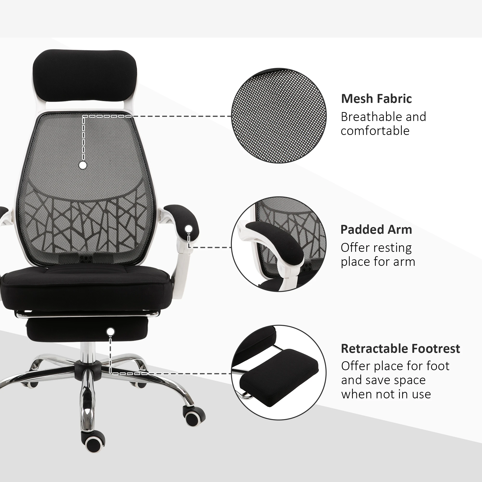 Ergonomic High Back Mesh Office Chair Swivel Reclining Computer Desk Chair with Retractable Footrest, Headrest, Padded Armrest view 4