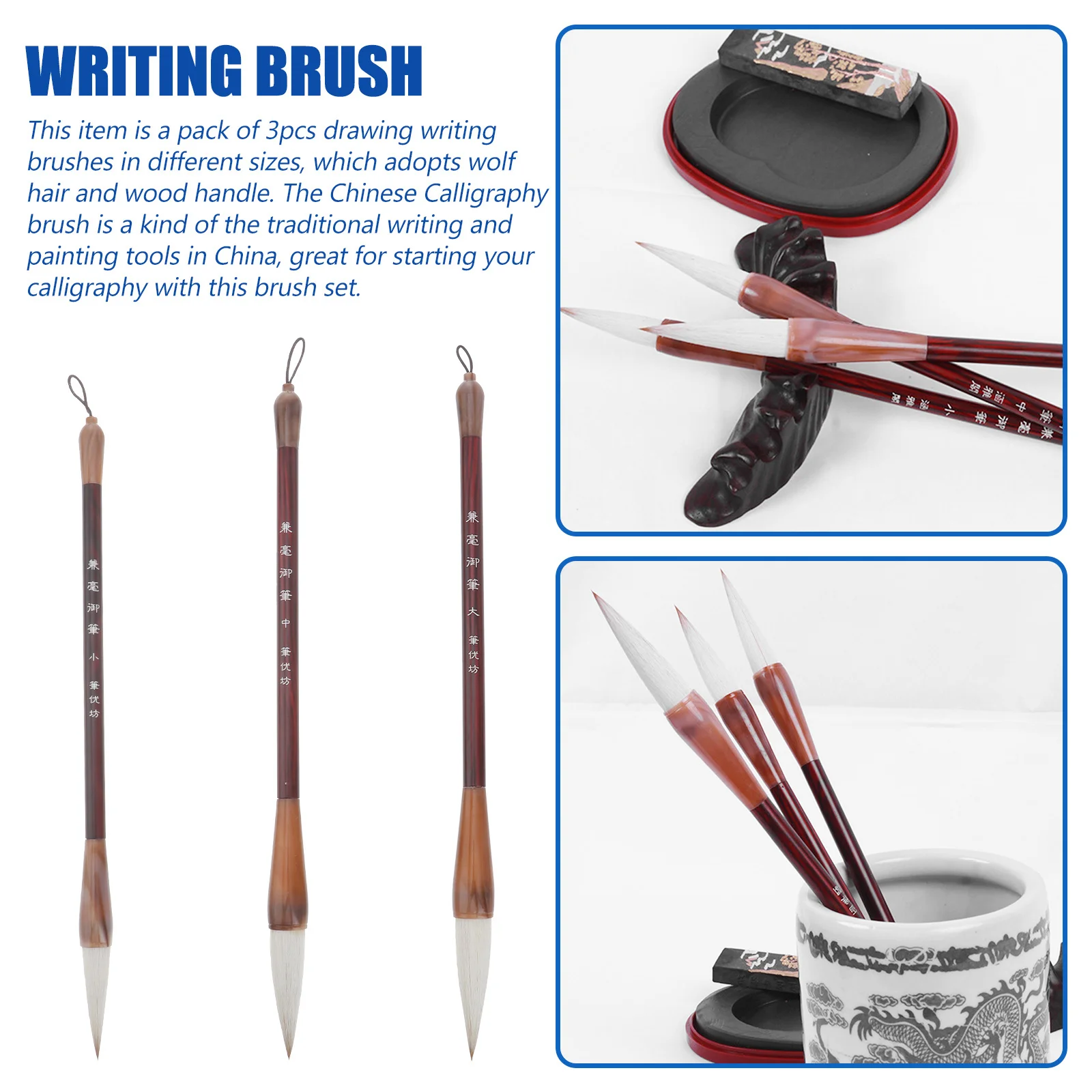 

3Pcs Chinese Calligraphy Writing Brush Kit Natural Wolf Hair and Wooden Handle L for Drawing Practice