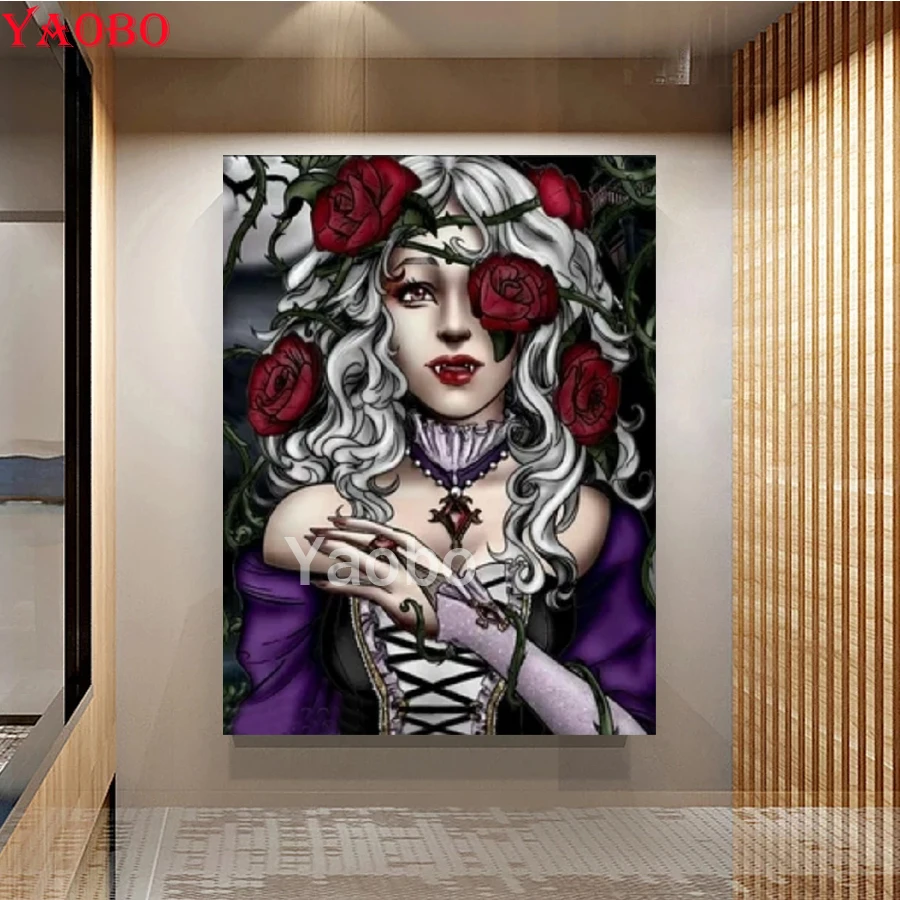 Diamond Embroidery Vampire woman rose Full Square Round Diamond Painting Cross Stitch Mosaic Girl Rhinestone Picture Art