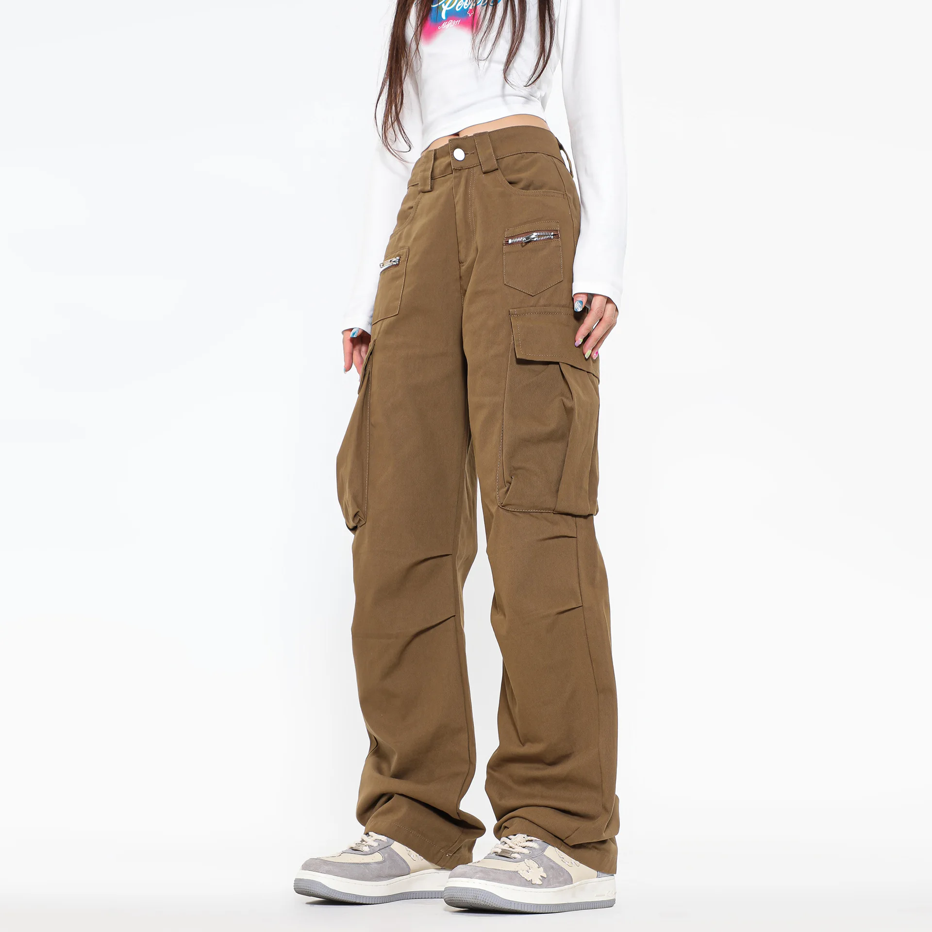 OR FL American Retro Fold 100 Cotton Women Paratrooper Pants Women's Baggy Wide Leg Pants Y2k Solid Color Slacks Cargo Trousers