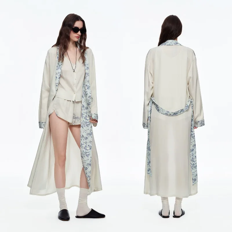 Minimalist Floral Contrast Trim Bathrobe Wide Cuff Long Sleeve Belted Maxi Loungewear Wrinkle Resistant Lightweight Bath Gown
