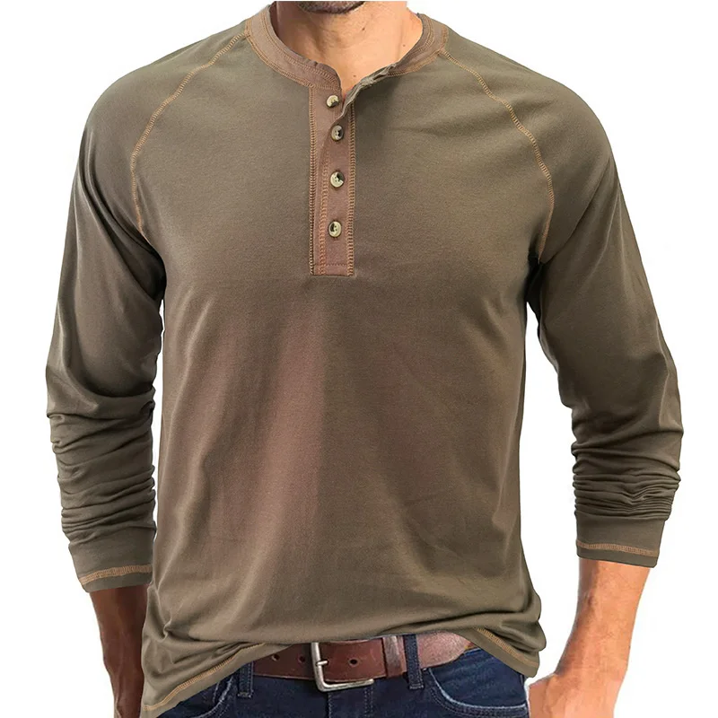 Mens Retro Henley Shirts Long Sleeve Button Cotton T-Shirt with Pocket Classic Shirt Male Hippie Blouse Tee Tops