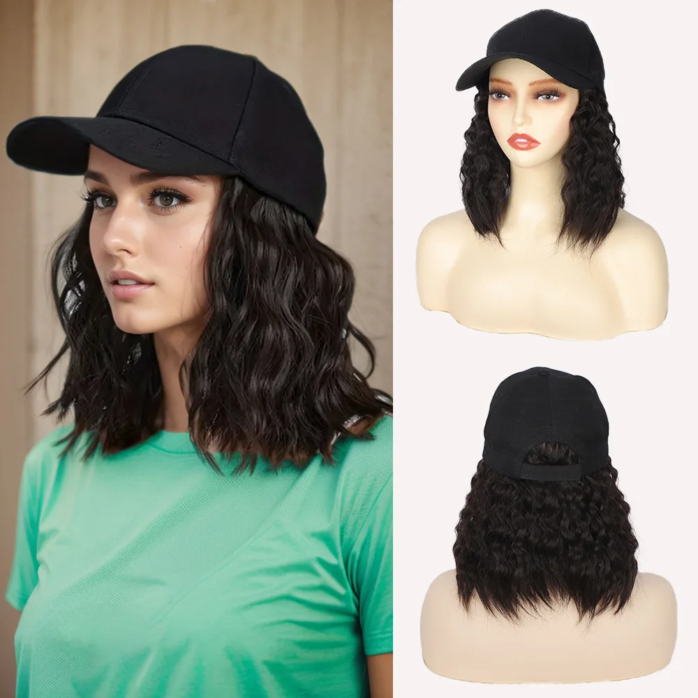 Peluca corta de permanente de maíz con gorra de béisbol, peluca de sombrero de mujer con ondas de agua a la moda