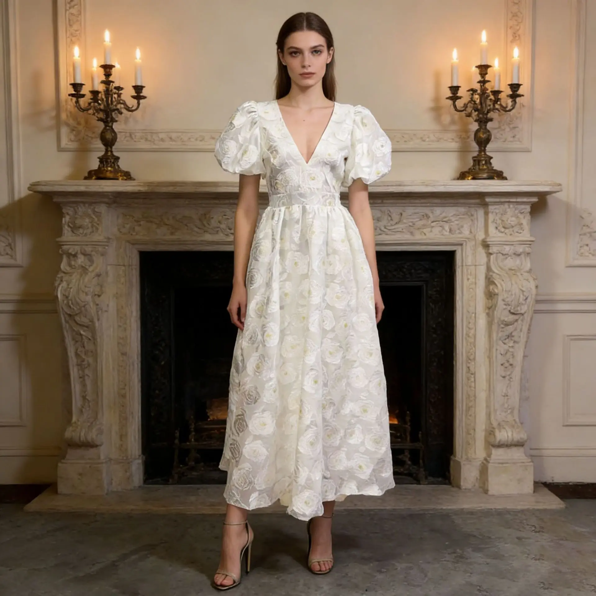 

Fashion Flower Big Swing Dresses Spring Women Puff Sleeve V-neck Zipper Long Dress Autumn Female High Waist Knee Length Dress