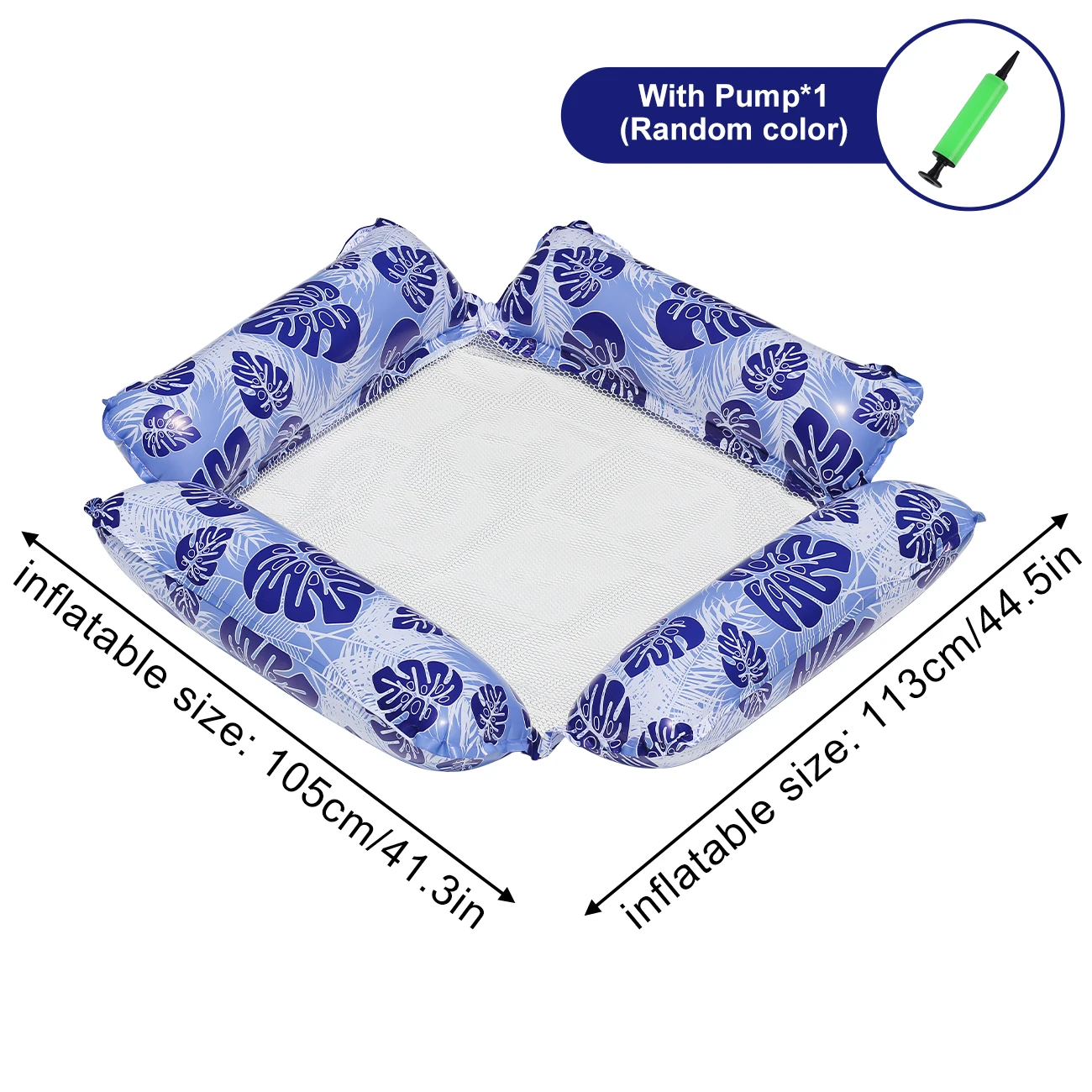 Hamac gonflable à 4 tubes (avec pompe à main) + tapis flottant de plage amusant – équipement d'été léger pour piscine, lac ou plage, 1 pièce