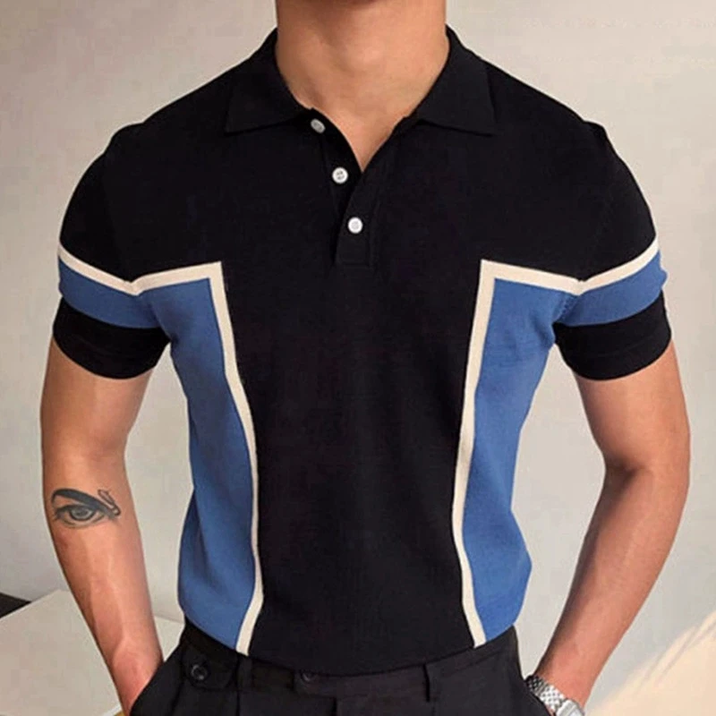

New men's luxury fashion temperament patchwork men's knitted shirt breathable short sleeved slim fit business polo shirt