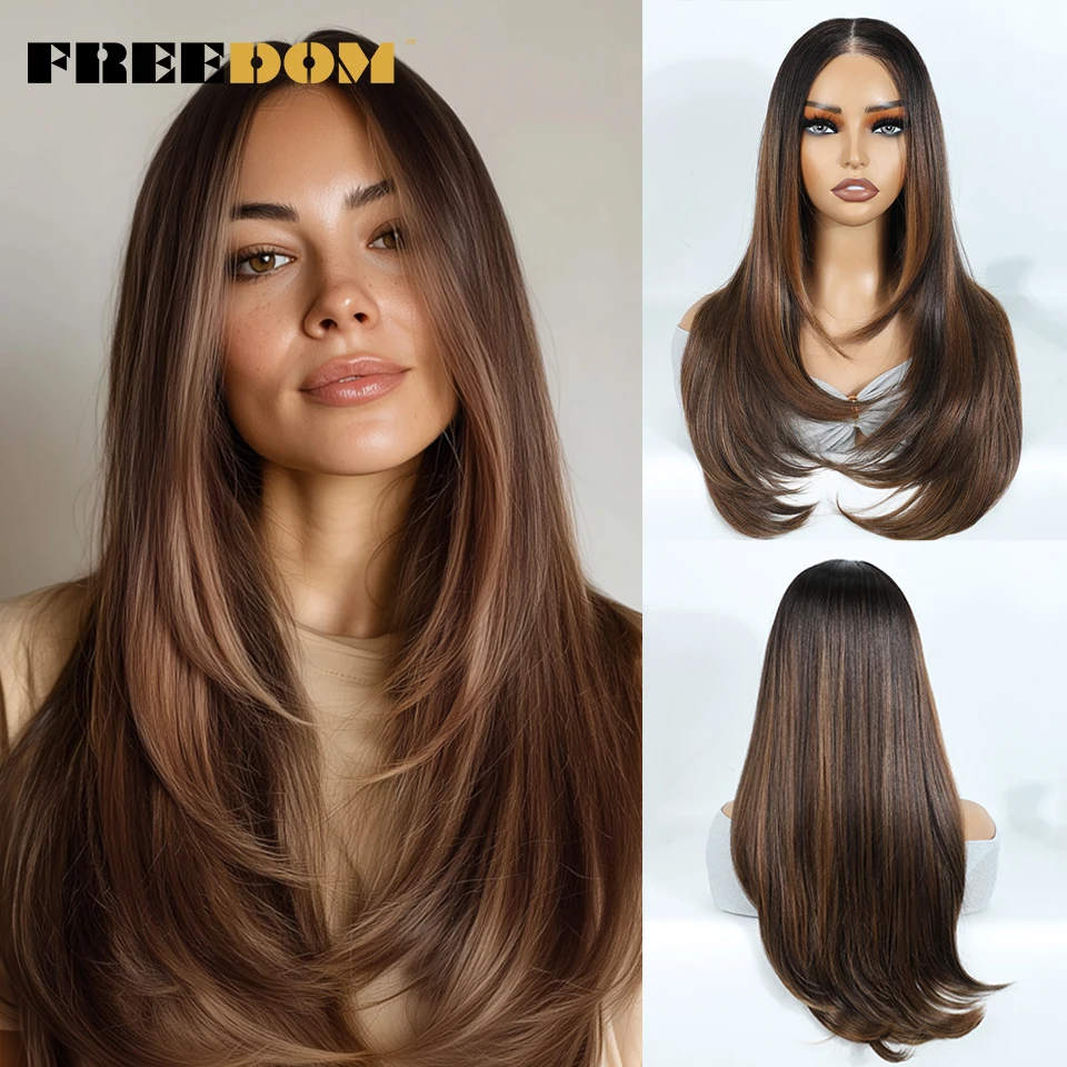 

FREEDOM Synthetic Lace Front Wigs For Woman 24" Straight Lace Wig Ombre Brown 6x4 Pre Plucked Pre Cut Wear and Go Glueless Wig