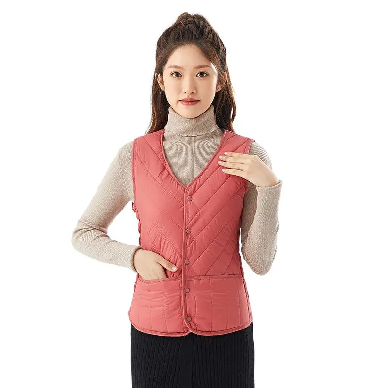 

Autumn Winter Girlish New V-Neck Ultra Light Down Vests Cozy Lightweight Warm Strip Splicing Berber Fleece Pockets Waistcoats