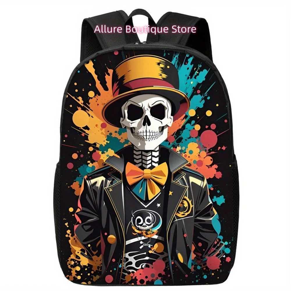 Casual Backpack, Laptop Bag, Black Carry-On Luggage, American-style graffiti-style skull portrait illustration pattern