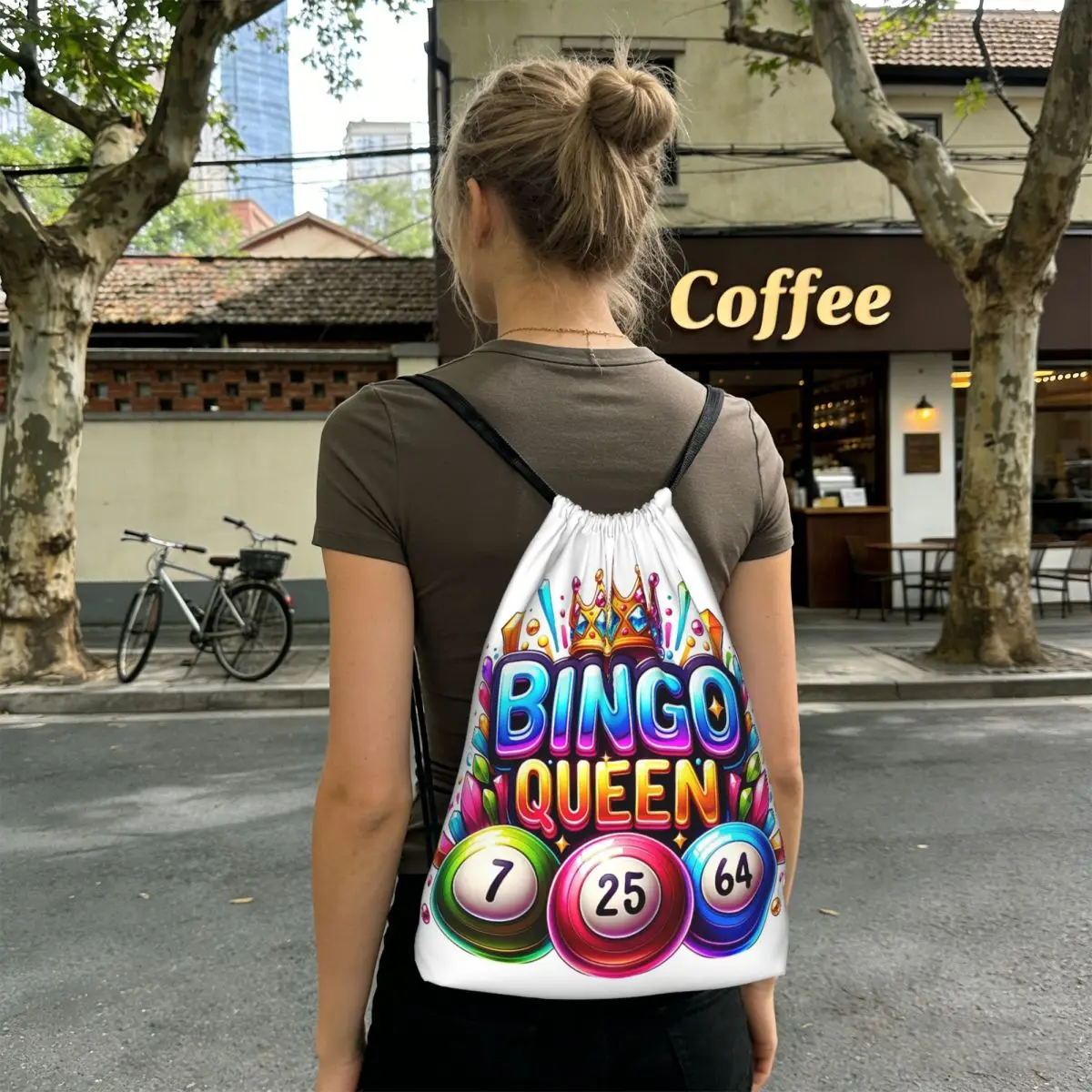 Bingo Queen Print Backpacks Portable Drawstring Bundle Pocket Sports Bag Book Bags for Travel Students