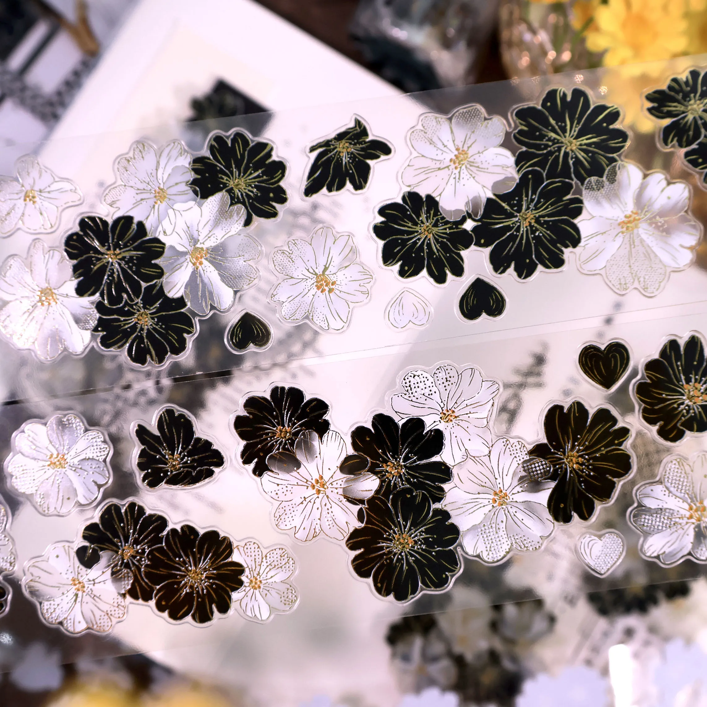 Flower Washi Pet Tape Black White Shell Shiny Hot Stamping Pre-cut For Journal DIY Scrapbooking Sticker