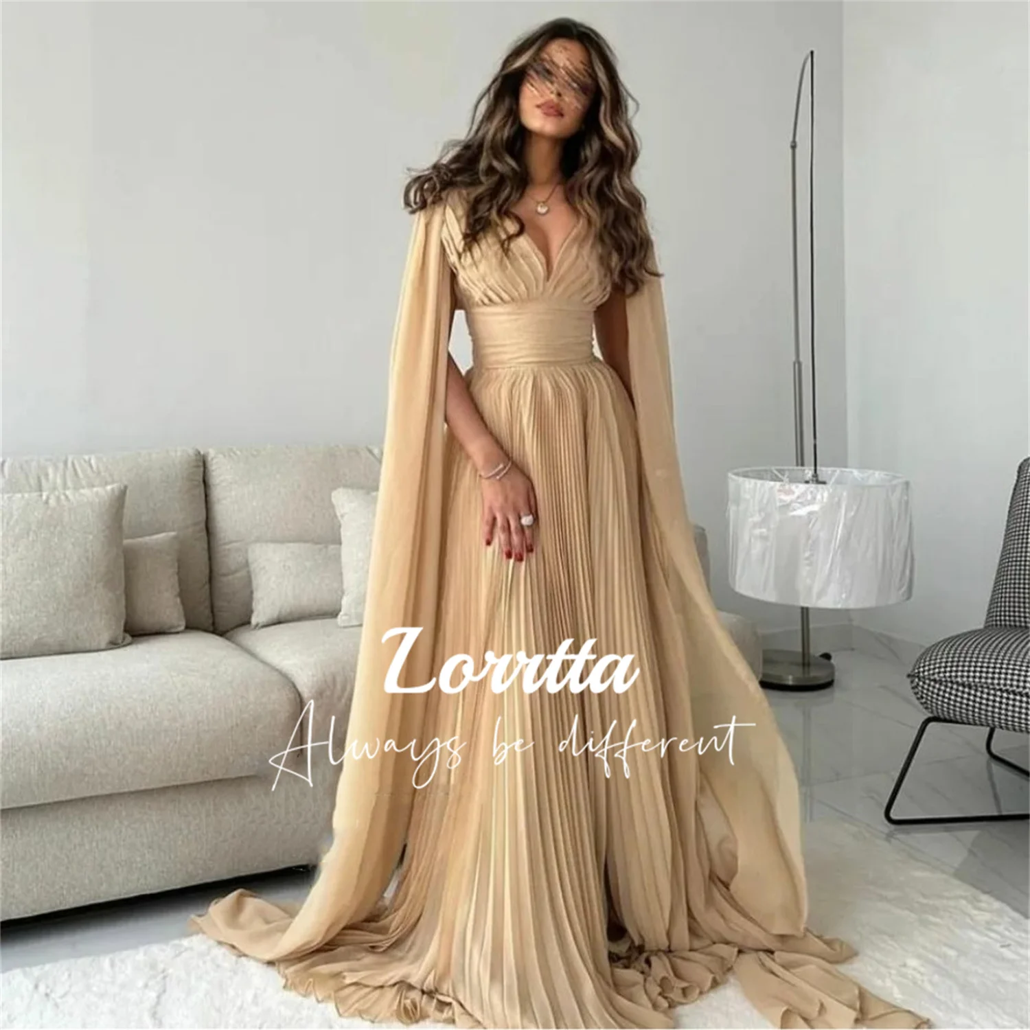 

Lorrtta Arab Ladies Robe Dubai Long Sleeve Cap Sleeves Floor-length V Collar Chiffon Champagne شارون سعيد Formal Dresses Evening