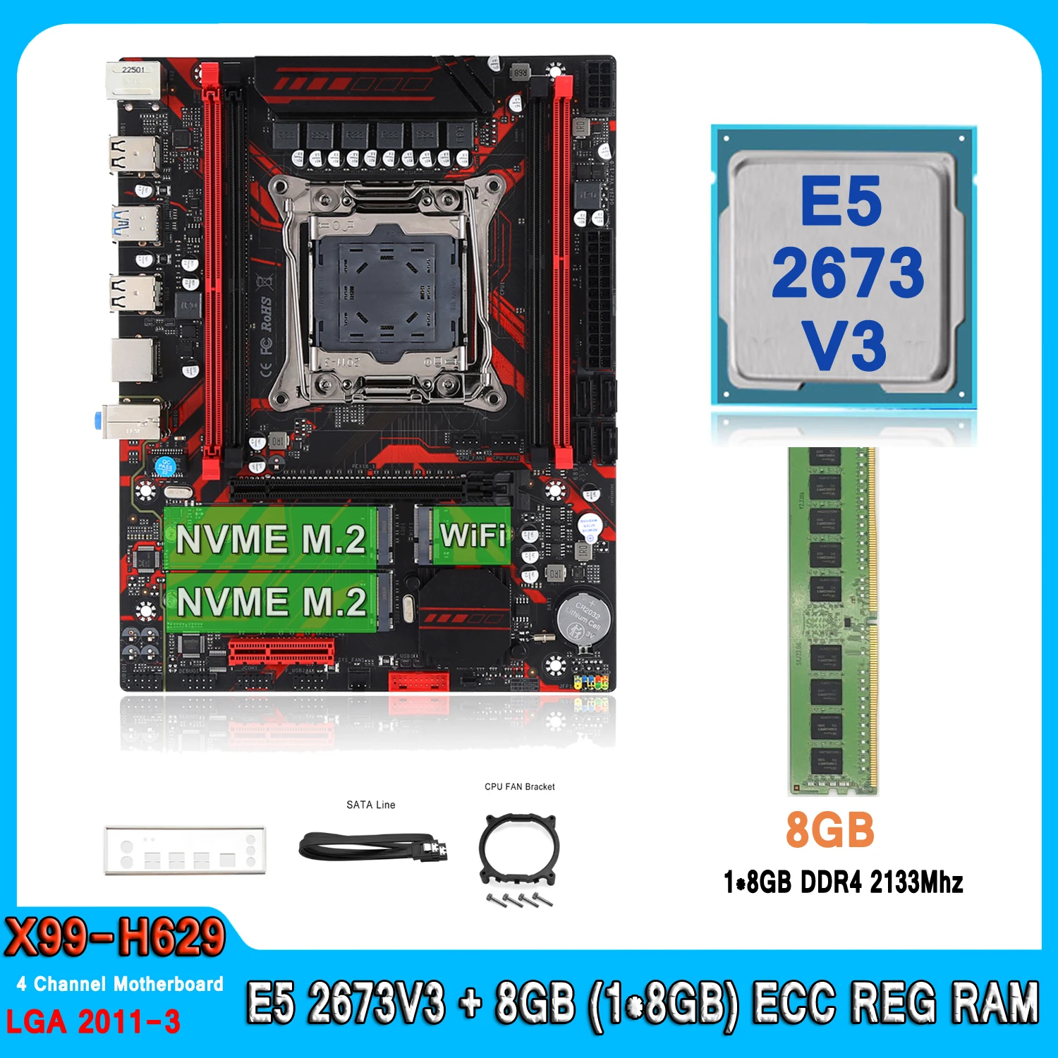 

Комплект материнской платы X99, комплект материнской платы XEON LGA 2011-3 E5 2673 V3 с 8 Гб (1*8 ГБ) DDR4 REG RAM, комбинированный четырехканальный комплект материнской платы E5 2673V3