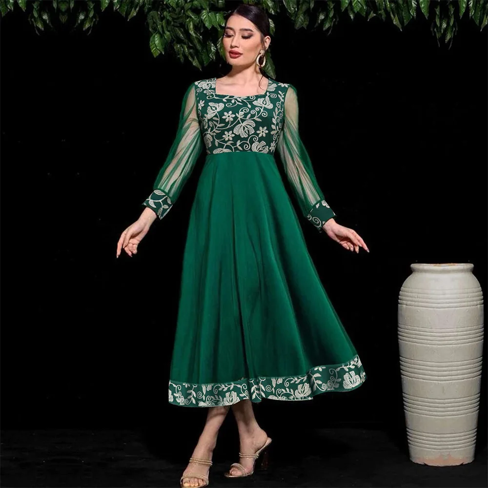 

Eid Evening Party Dresses for Women Embroidery Mesh Kaftan Islamic Clothing Dubai Turkey Caftan Muslim Abaya Morocco Africa Robe