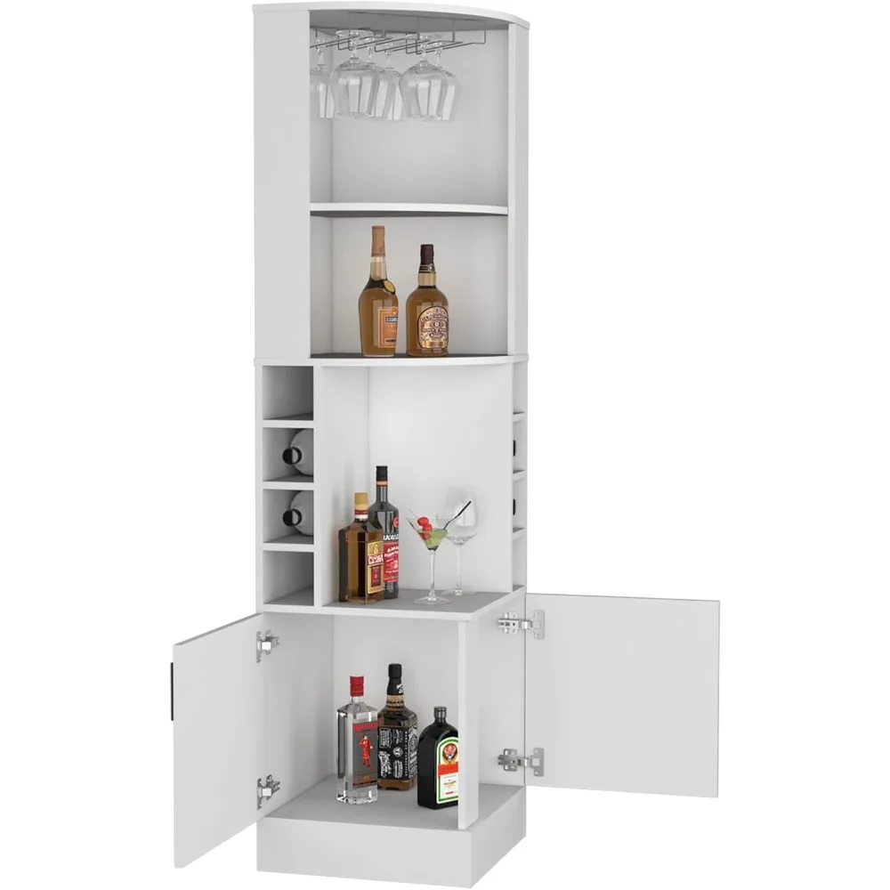 خزانة بار زاوية بيضاء مع رف زجاجي وأبواب مزدوجة وثمانية رفوف نبيذ مدمجة
