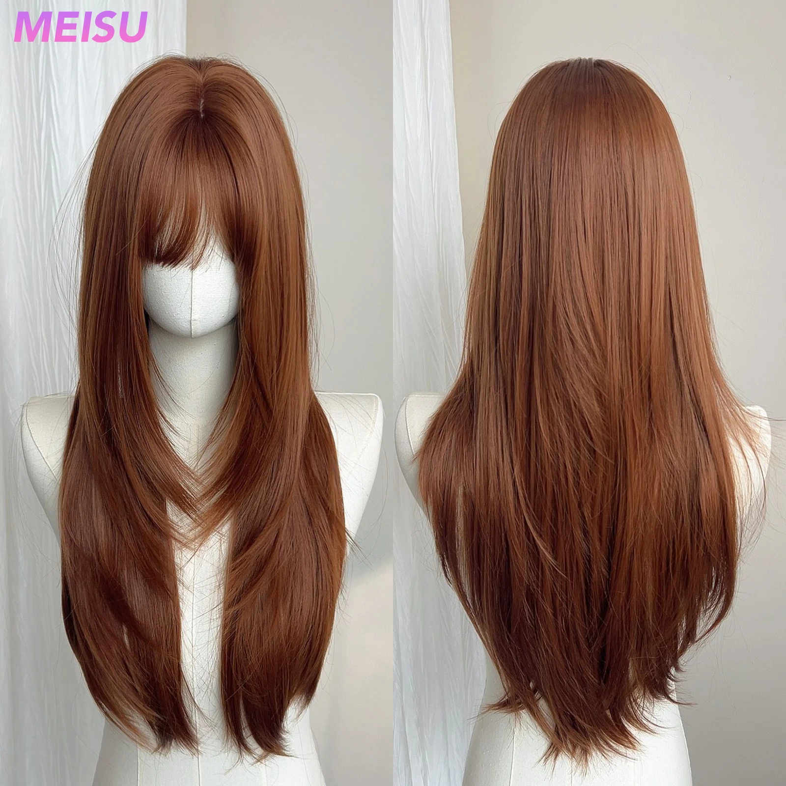 

MEISU 26 Inch Straight Synthetic Wig Layered Dark Orange Heat-Resistant Natural Smooth Hair Stylish Party Bangs Wigs For Women