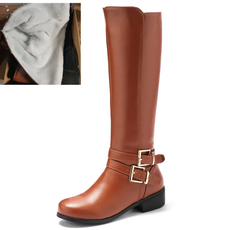 

Зимние женские сапоги до колена, модные черные, коричневые, теплые зимние ботинки на меху, женская повседневная обувь для верховой езды с пряжкой, водонепроницаемая обувь большого размера