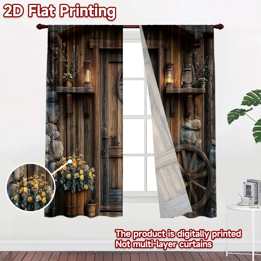 2D flat printing 2pcs Curtains Wooden Rustic Doorway Digital Printed Polyester Drapes Festive Holiday for Indoor Celebrations