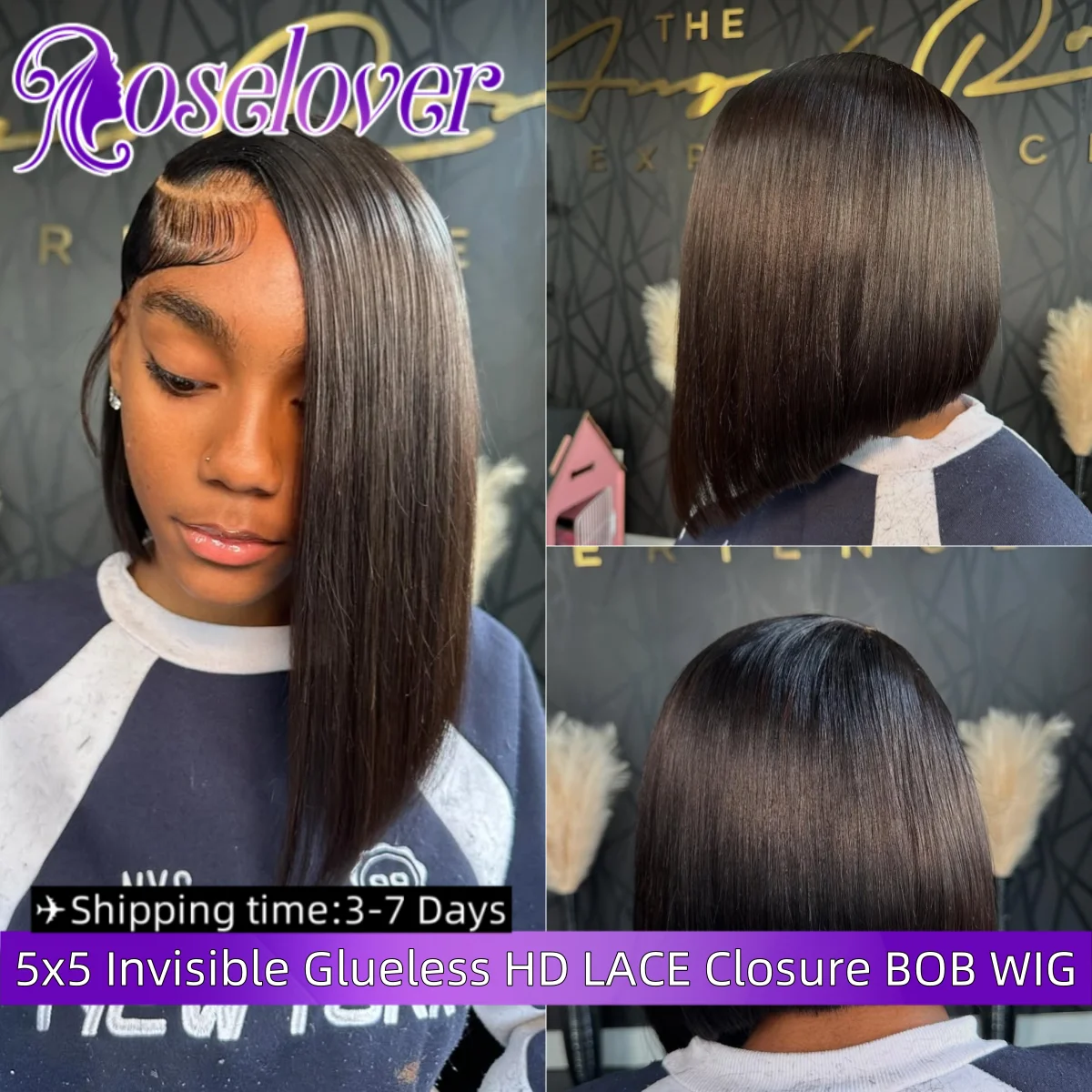 

ROSELOVER 250% Density 5x5 Invisible Real HD Lace Closure Wig Bob Wig Human Hair Wear to Go Glueless Straight for Black Woman
