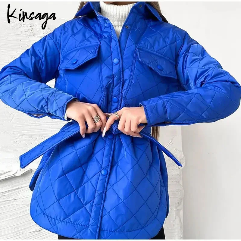 Women Oversized Quilted Jacket Coat Autumn Winter Ladies Lapel Single-breasted Belted Loose Padded Long Warm Plaid Outwear Tops