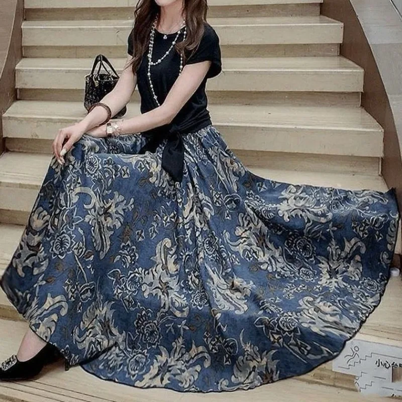 Blue And White Porcelain Summer Skirt For Women Fashion Retro Printed Long Skirts Ladies Casual Ladies Casual A-Line Skirts