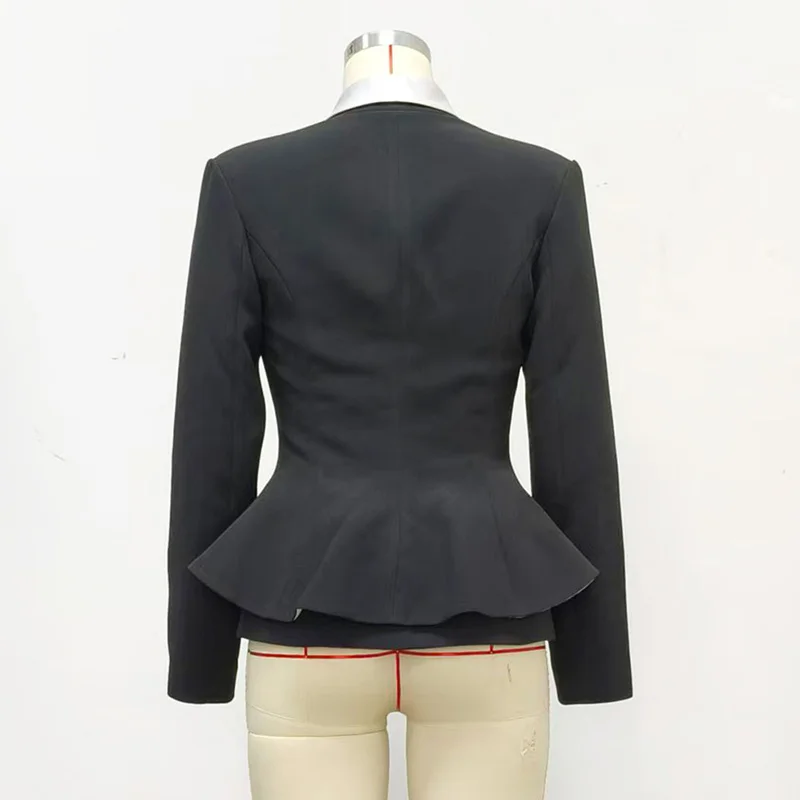 Women's new button lapel flower brooch decorative top shoulder pads waist cinching wave hem fishbone support suit jacket