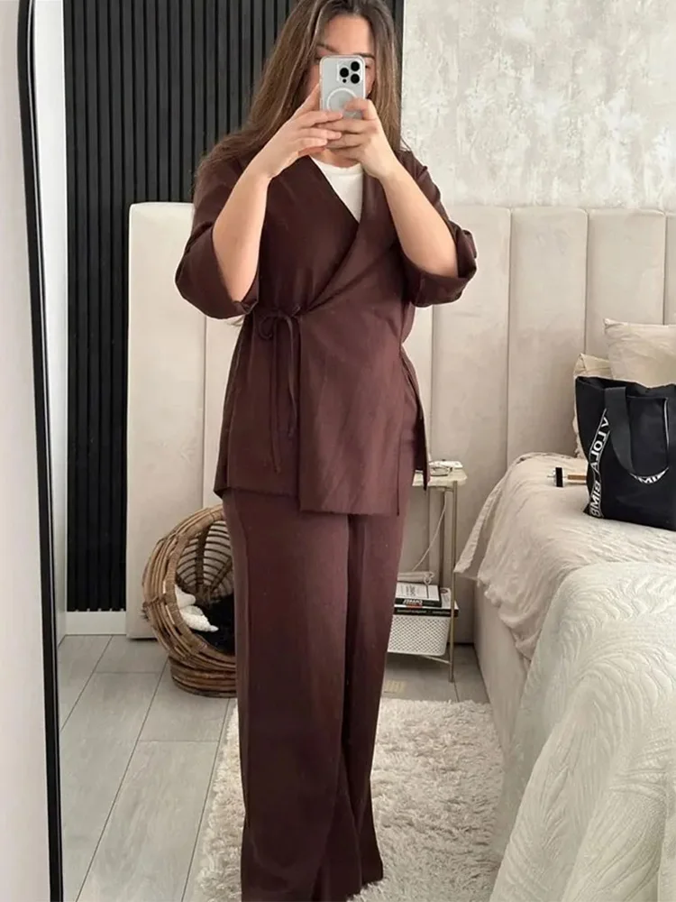 Women Pajama Style Solid Set Casual Lace-Up Long Sleeve Loose Shirt Tops Female Elegant Elastic Waist Straight Leg Pants TRAF