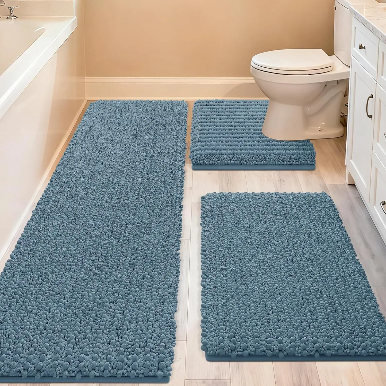 

Extra Large Haze Blue Bathroom Rug Set, 3-Piece Ultra Soft Thick Absorbent Mats, Non-Slip Chenille for Bathroom Bedroom Kitchen