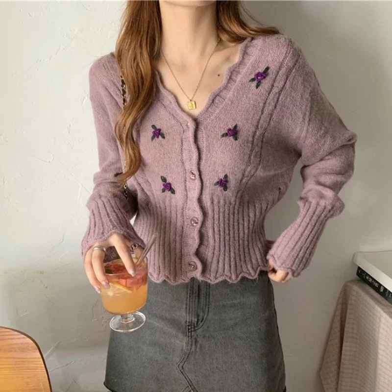 

Vintage Crop Top Knitted Thick Clothing Cardigan Korean Solid Embroidery Feminino Sweater Women 2022 Knitwear Autumn Coat Winter