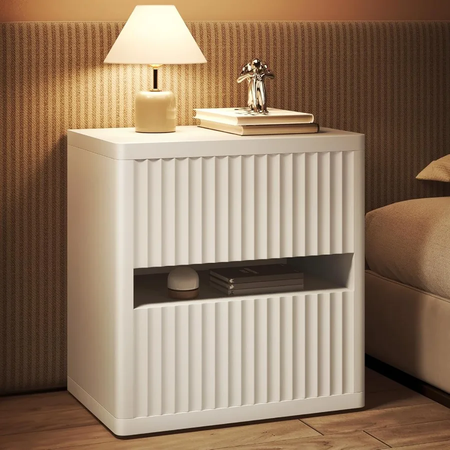 Fluted Nightstand with 2 Drawers Large Wide Wood Night Stand Bedside Tables for Bedroom MidCentury Modern Storage Bed Side Tabl