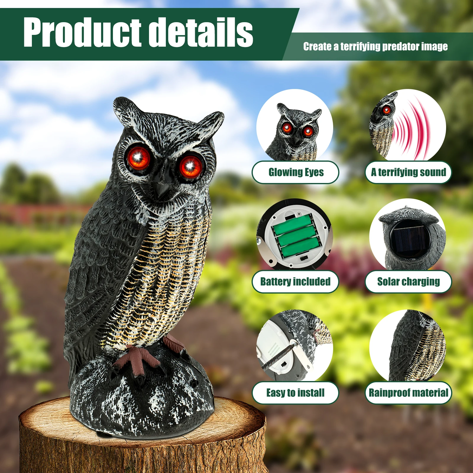 1/2Pcs Solar Fake Owl Decoy Waterproof Solar Owl Scarecrow Sculpture with Red Flashing Eyes and Sound Garden Yard Simulation Owl