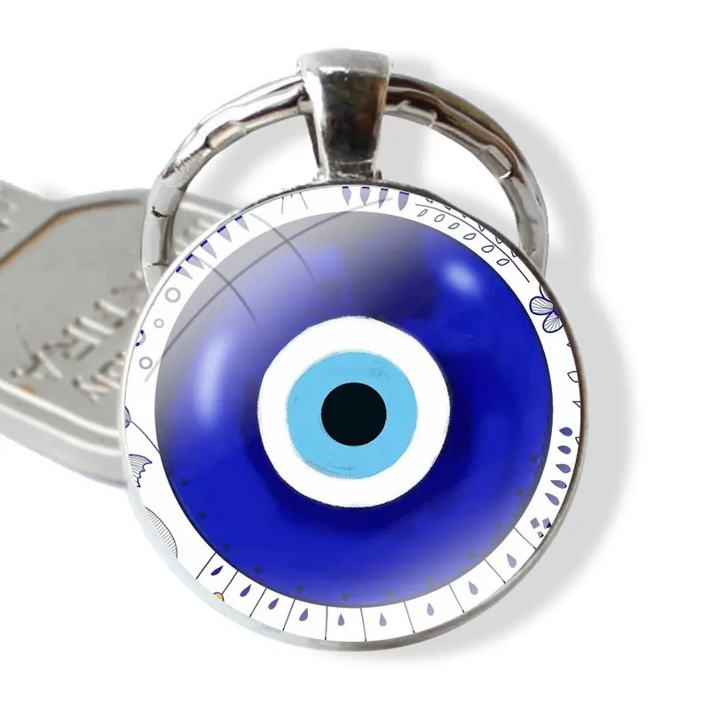 Nazar Turkish Evil Eye Circular Keychain Handmade Glass Cabochon Key Ring Holder Pendant Key Chains