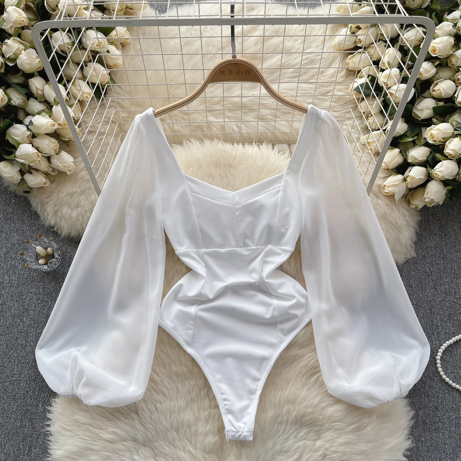 

Women White Fairy Wedding Birthday Bodysuit Summer Patchwork Long Sleeve Low Cutout Onesie Romper Lady Square Neck Sexi Playsuit