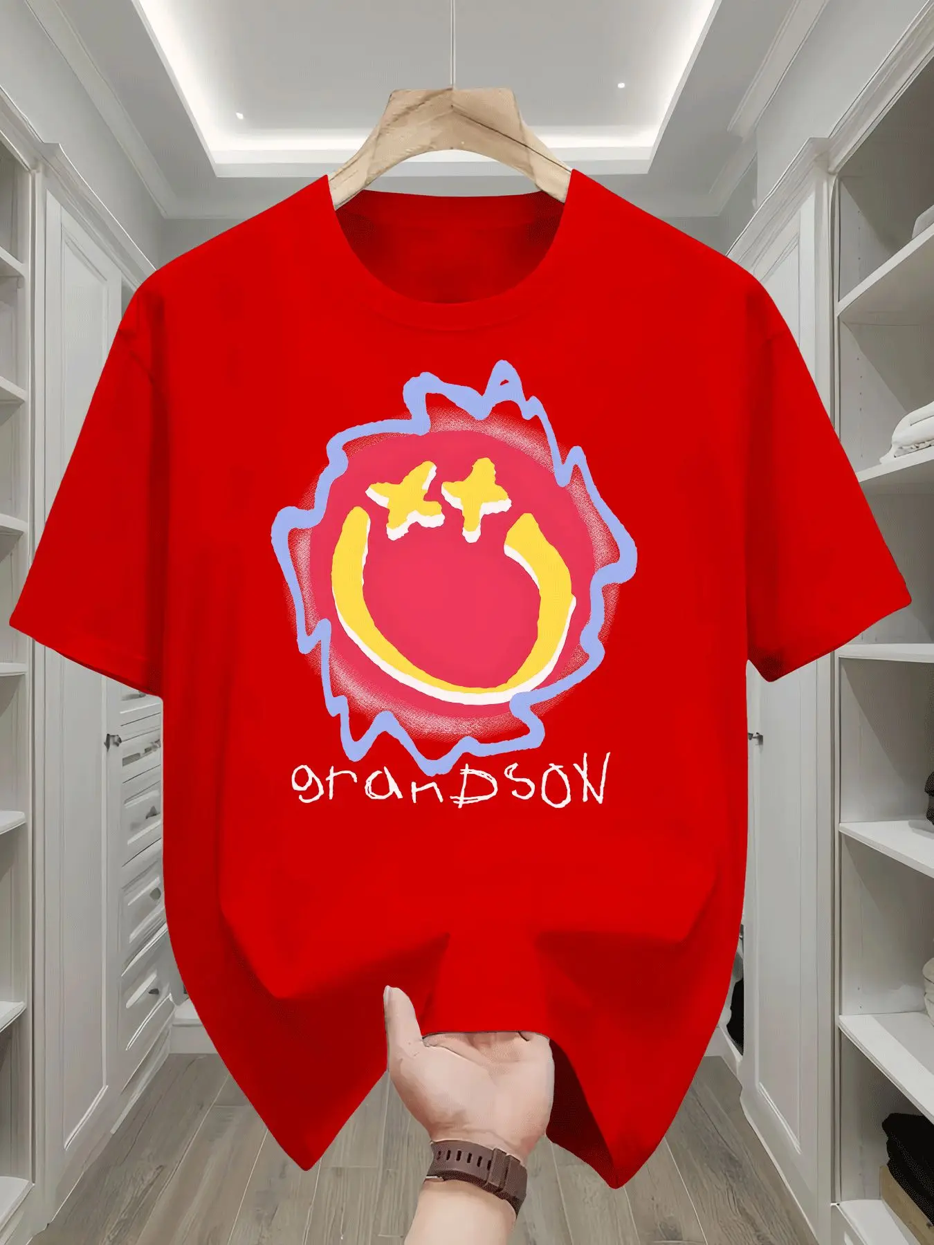 Children's Fashion T-shirt with Red Circles, Yellow Smiles, Double Stars, Blue Edges, Printed Outdoor Casual Parent Child Top