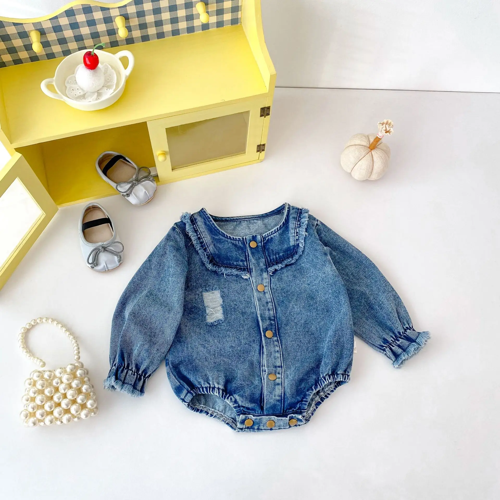 Infant Clothes Spring Autumn Baby Long Sleeve Denim Raw Edge Open Front Onesie Baby Girl Jumpsuit Crawler