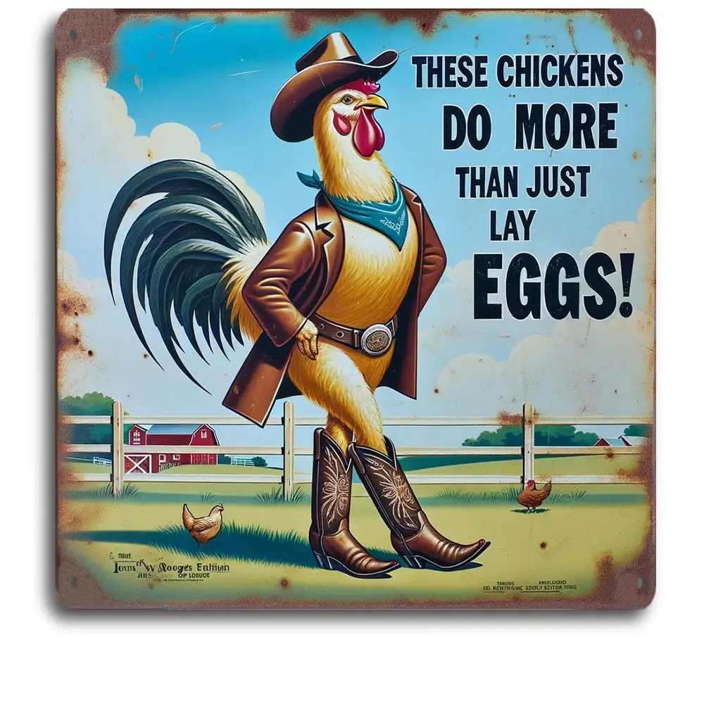 Rustic Farmhouse Kitchen Decor - 9x9 Inch Metal Tin Sign, Vintage Cowboy Rooster Design, Humorous Country Wall Art, Quirky Chick