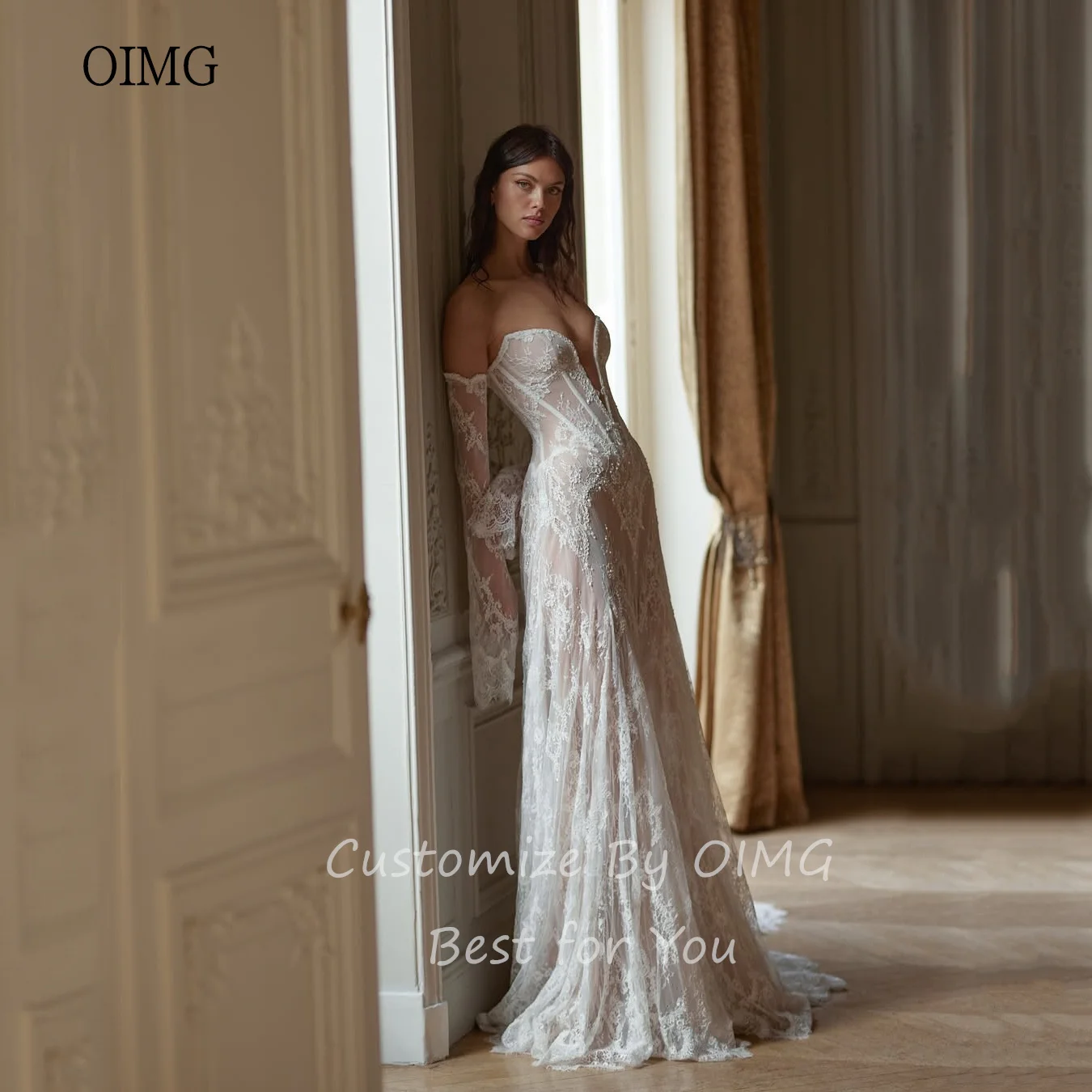 OIMG Luxurious Lace Ivory A Line Wedding Dress Illusion Sexy V Neck Bride Dresses Floor Length Wedding Gowns New Customized image 2