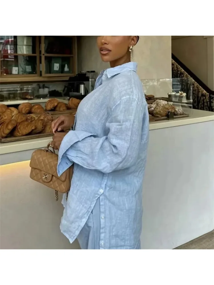 Women Fashion Long Sleeve Blouses 2024 Blue Linen Shirt for Women Long Oversize ShirtsSummer Loose Women\'s Casual Shirt