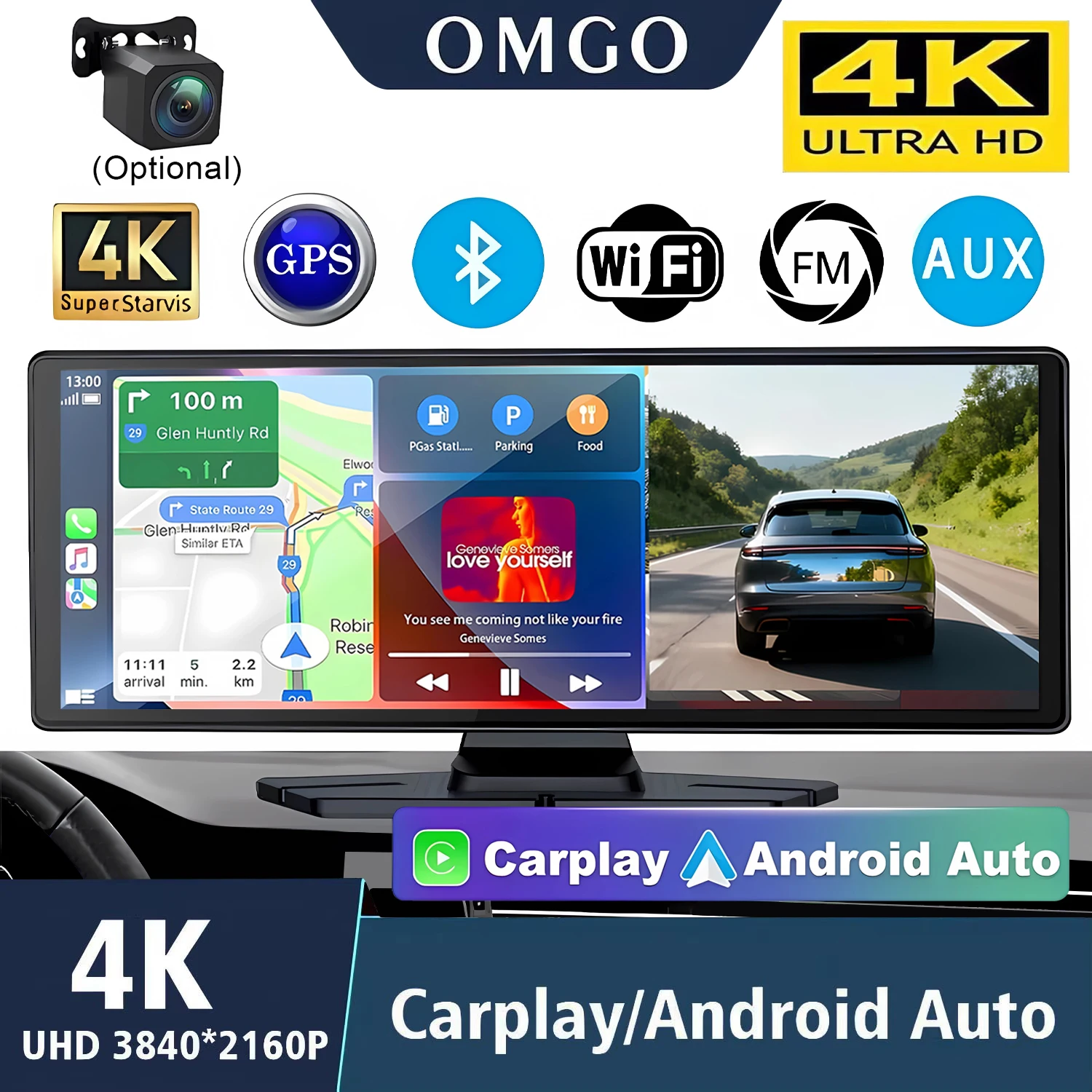 

10,26-дюймовый 4K видеорегистратор 3840*2160P с Carplay, Android Auto, GPS, 5G Wi-Fi, FM, BT, двумя объективами, для автомобиля и грузовика