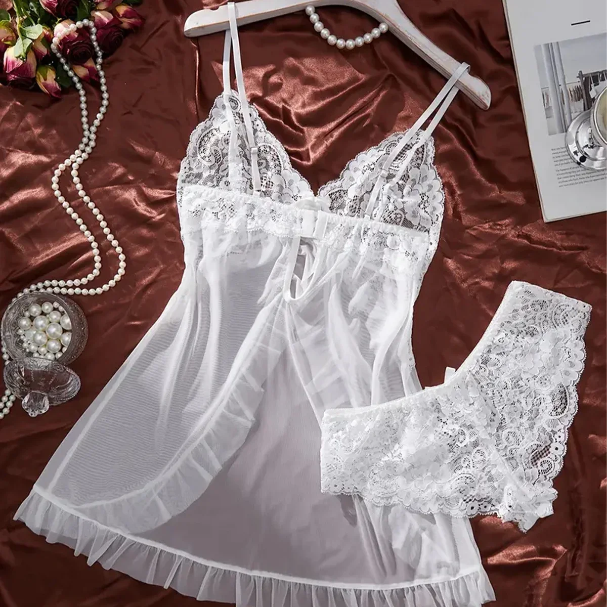 Lencería Sexy blanca transparente para mujer, ropa interior