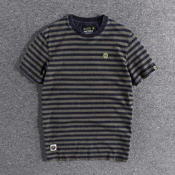 High Quality 100% Cotton Striped T Shirts for Men Summer Short Sleeve Distressed Washed Tees 24ss Y2k Youth Male Streetwear Tops
