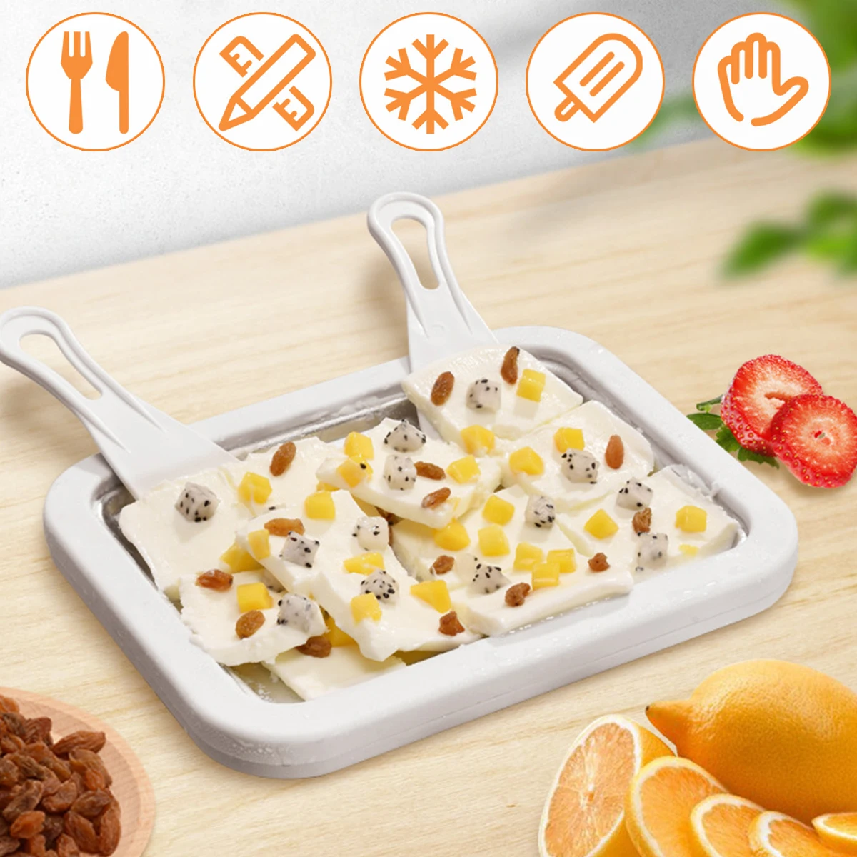 Stainless Steel Ice Cream Maker Plate Fried Yogurt Machine Pan Household Yogurt Fried Ice Tray DIY Mini Ice Tray with Scraper