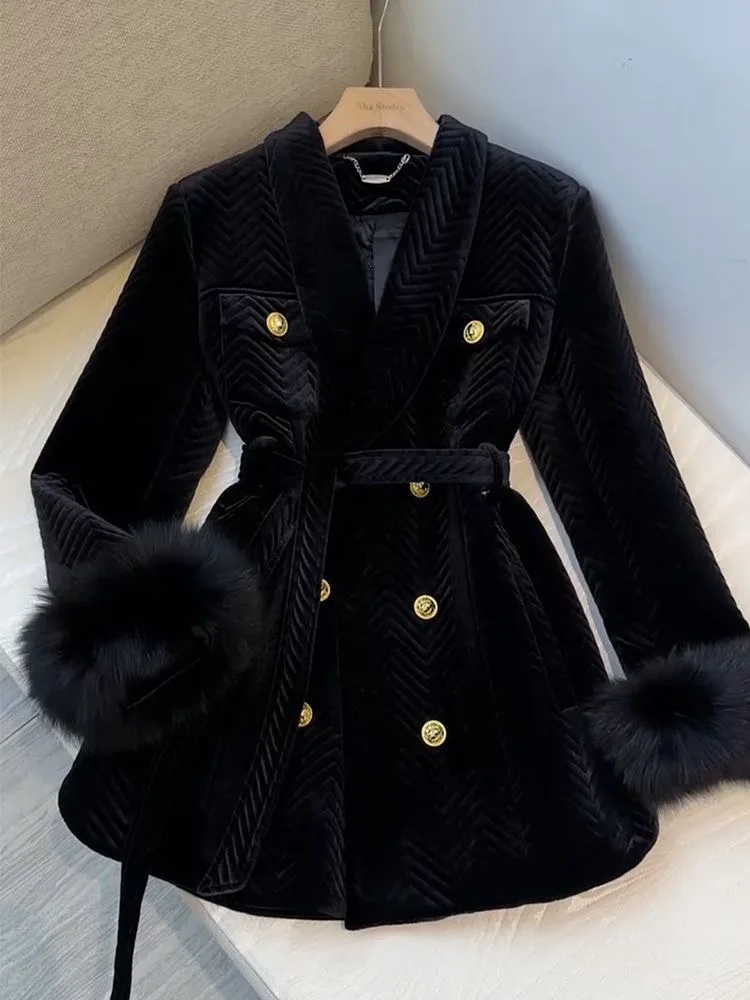 

Ele Bla бархатное пальто миди с поясом, женское зимнее новое хлопковое джет, верхняя одежда, модное уникальное привлекательное пальто