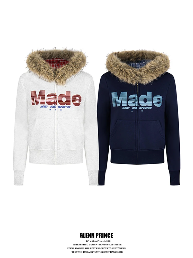 Kurtka z kapturem GPstudio z amerykańskim nadrukiem, futrzanym kołnierzem, ocieplana polarem, damska, zimowa, ciepła, luźna odzież wierzchnia