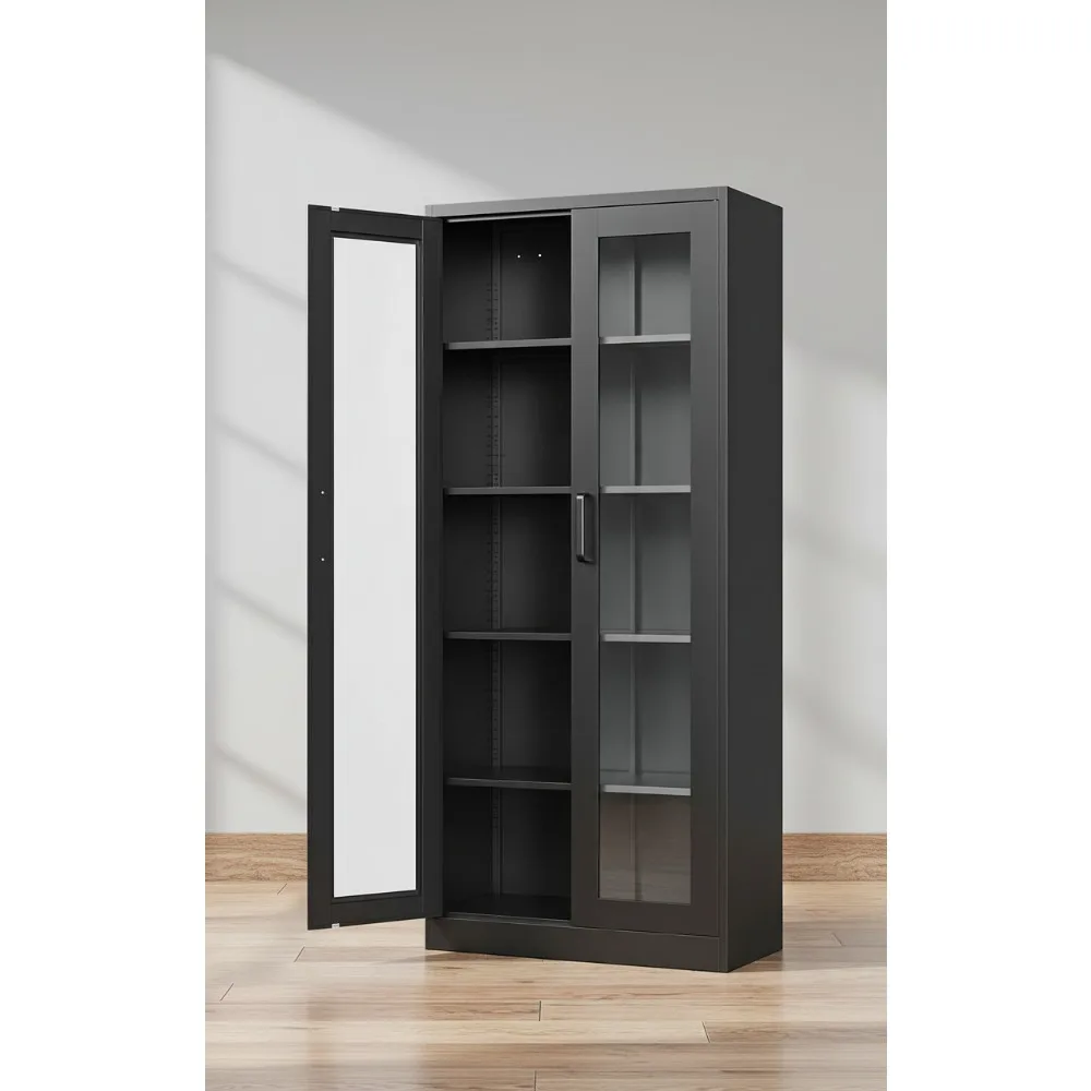 خزانة عرض بباب زجاجي مقاس 67 بوصة مع 4 أرفف قابلة للتعديل، وإطار فولاذي عالي التحمل للاستخدام في المكاتب المنزلية