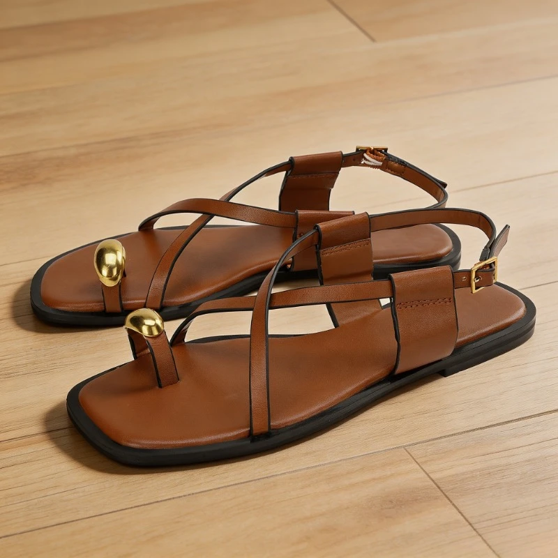 Women Flat Sandals Brown Summer Vacation Dress Shoes Toe Loop Gold Decor Cross Ankle Strap Buckle Elegant Ladies Beach Footwear
