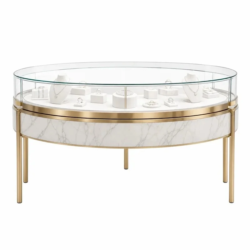 custom.Luxury Curved Circular Jewelry Showcase with Brushed Gold Stainless Steel and Tempered Glass LED Display Shopping Mal