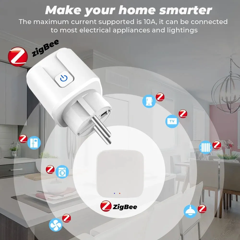 Tuya App ZigBee Socket Smart Plug EU 16A Power Monitor Timer Adapter Socket Smart Home Wireless Compatible Alexa Google HOME