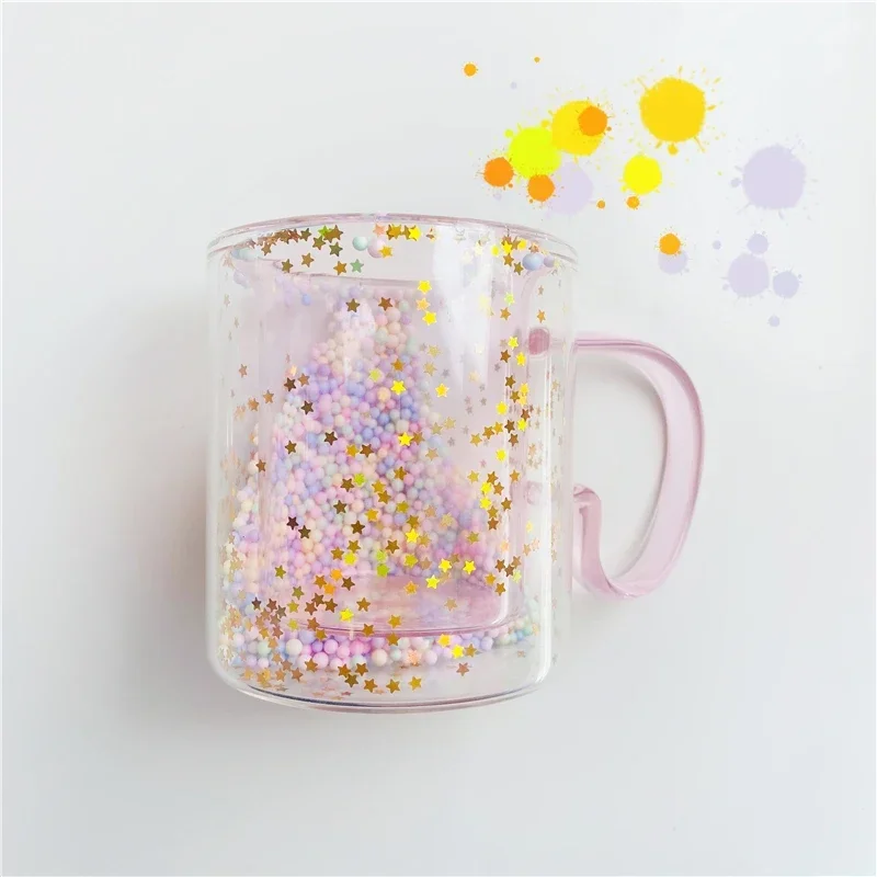 Korean ins Girl Heart  Kawaii  Bubble Star Sky Cup Star Sequin Double Wall Glass Coffee Cups Handle Heat Resistant Milk Mug